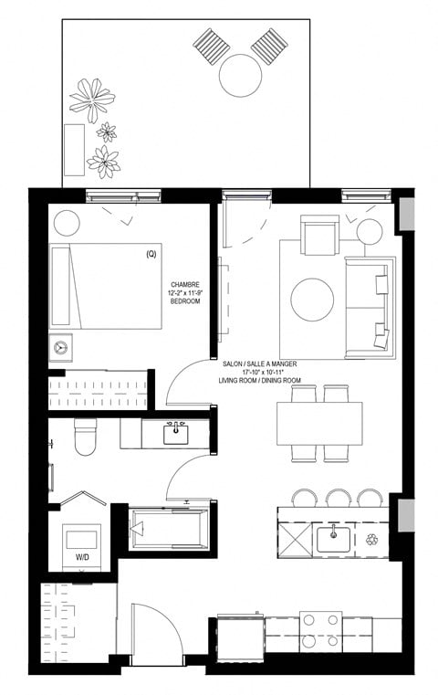 Floor plan for 1 bed, 1 bath